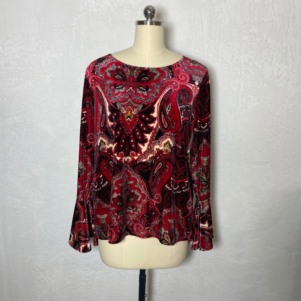Chicos L Velvet Paisley Womens Print Tie Back Long Sleeve Top Blouse Christmas